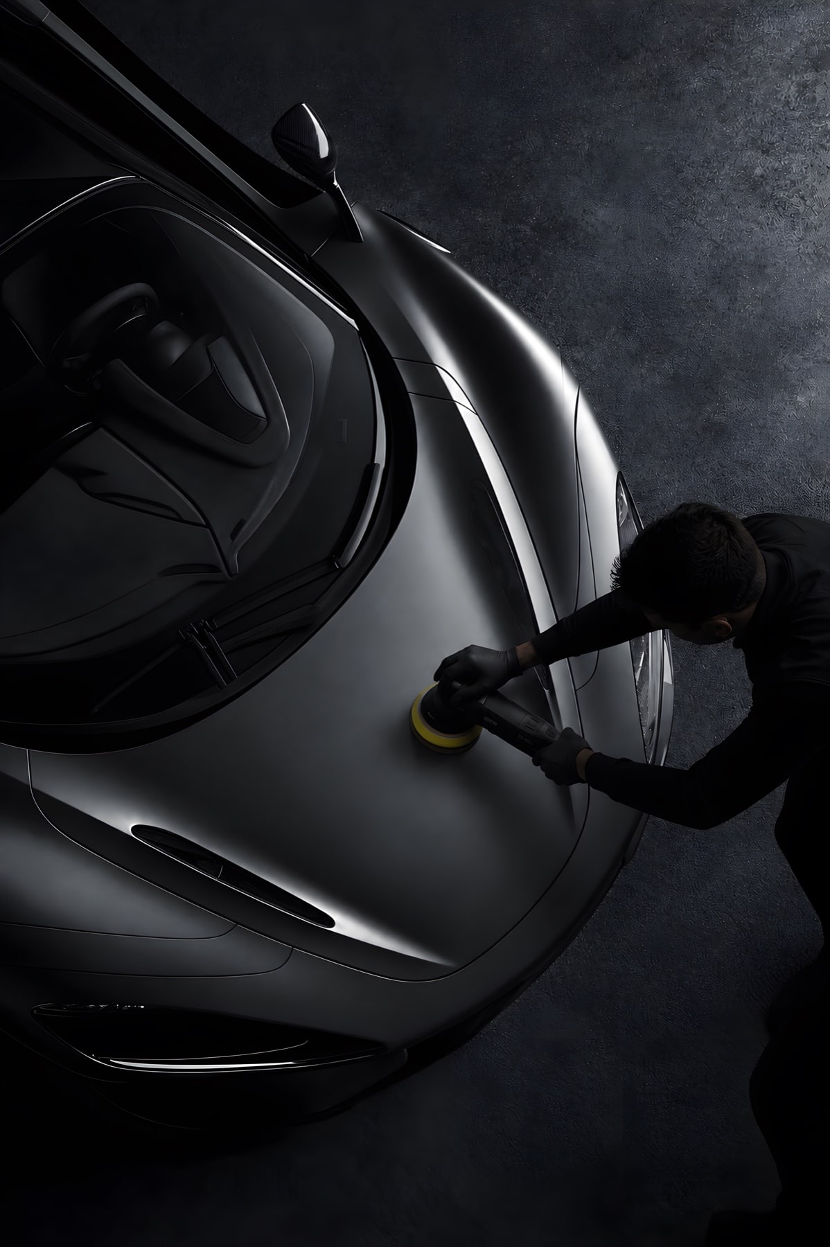 A specialist machine-polishing the bonnet of a supercar